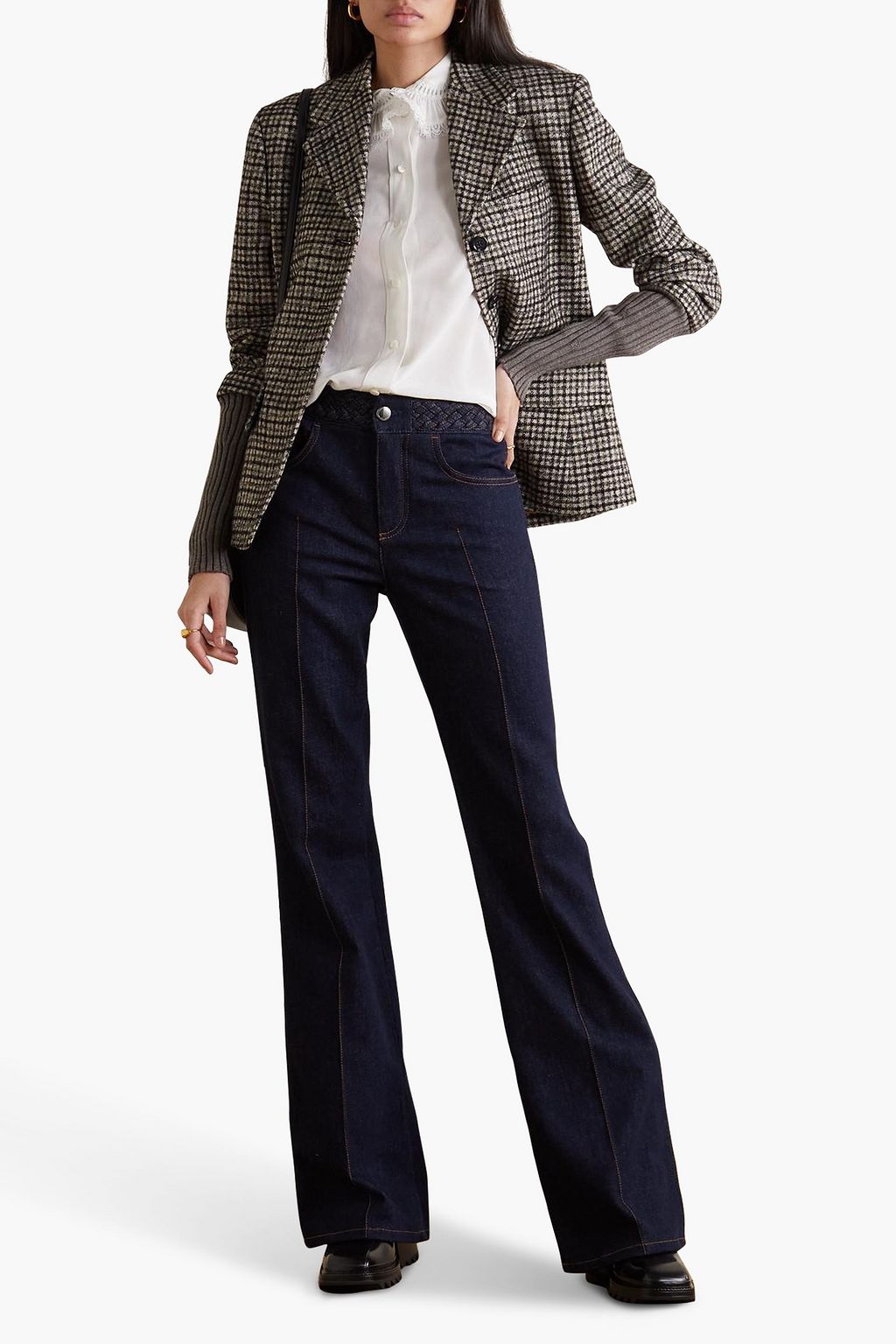 CHLOÉ Checked wool-blend tweed and ribbed-knit jacket