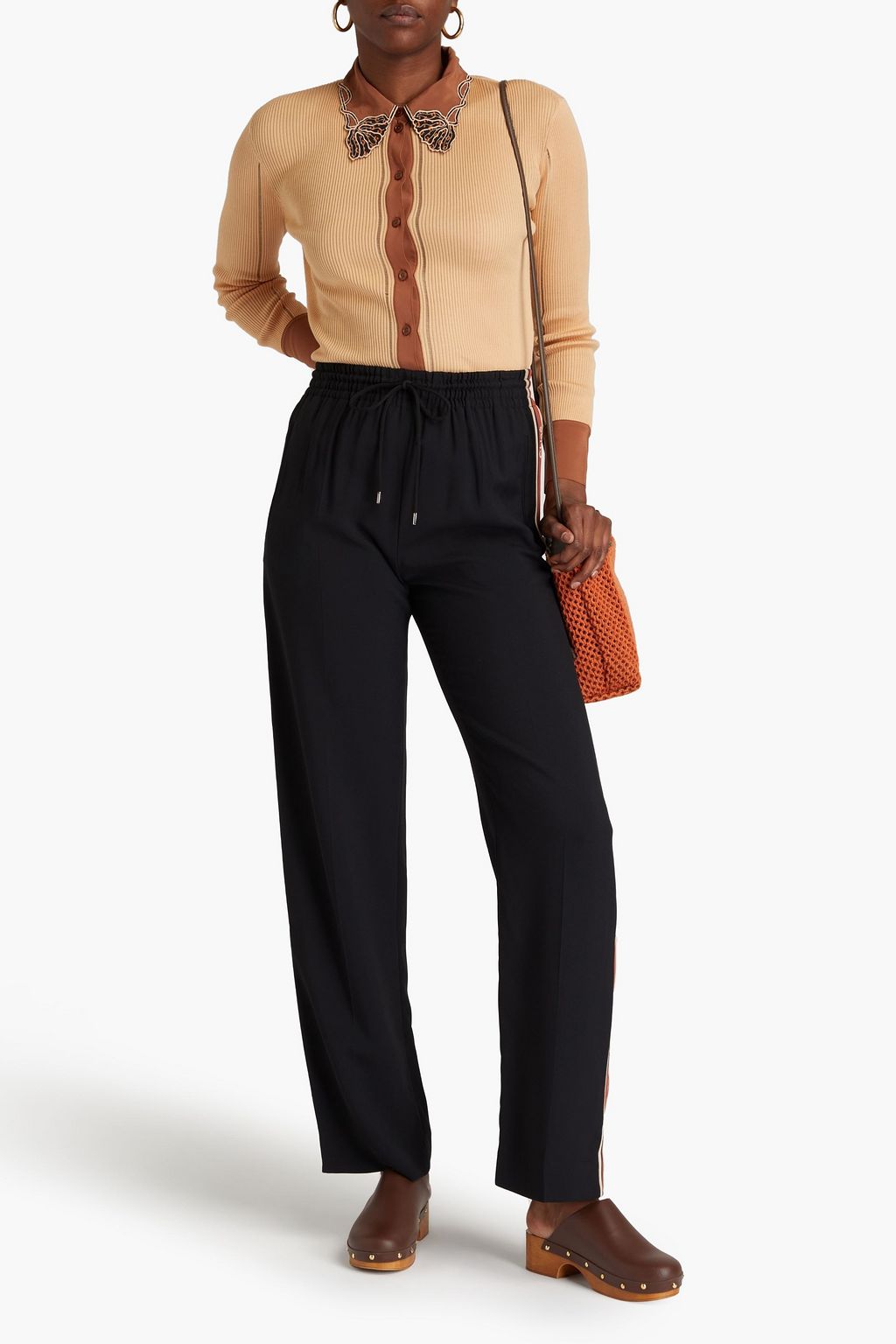 CHLOÉ Jacquard-trimmed crepe straight-leg pants