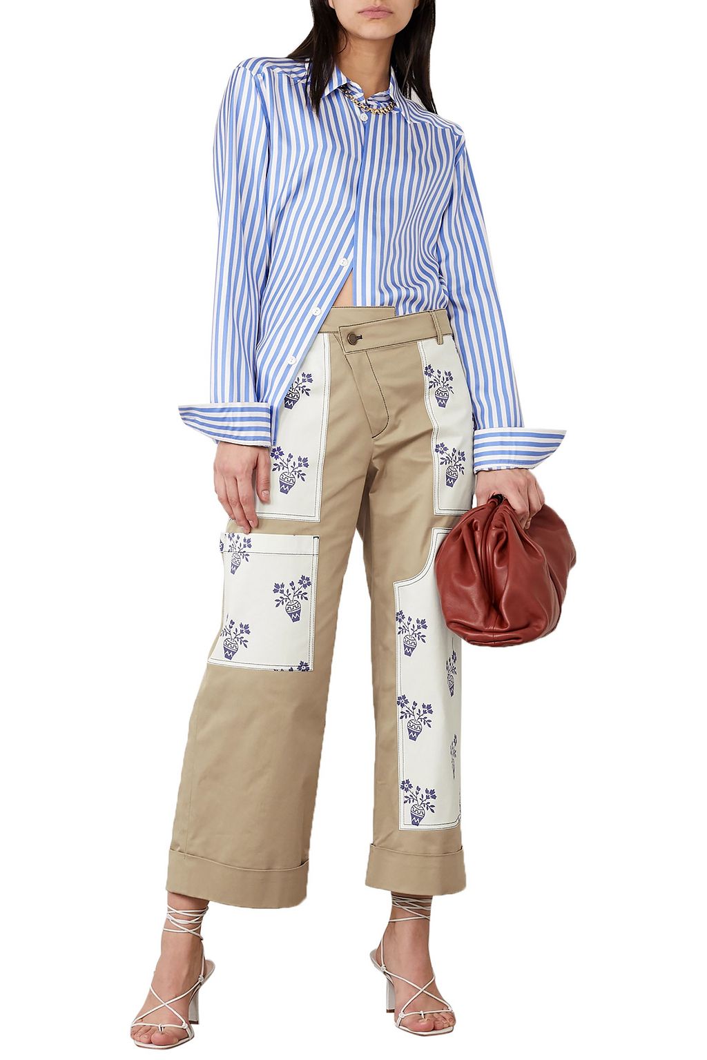 MONSE Flower Pot cropped patchwork cotton-blend twill wide-leg pants