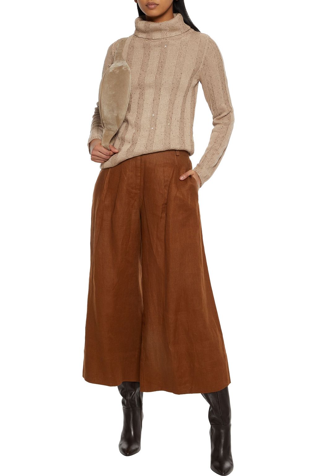 BRUNELLO CUCINELLI Sequin-embellished ribbed cotton, linen and silk-blend turtleneck sweater