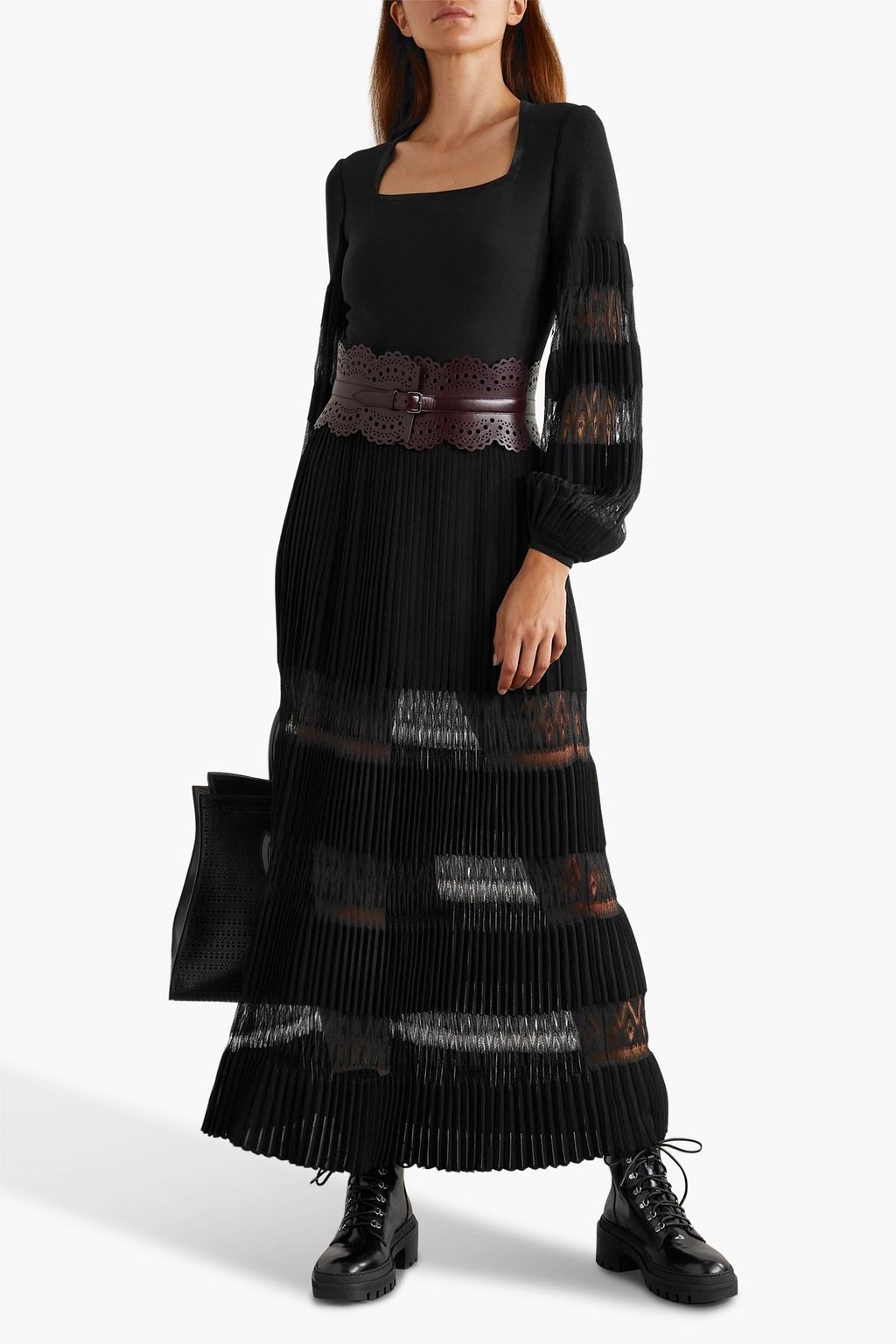 ALAÏA Pleated open-knit maxi skirt