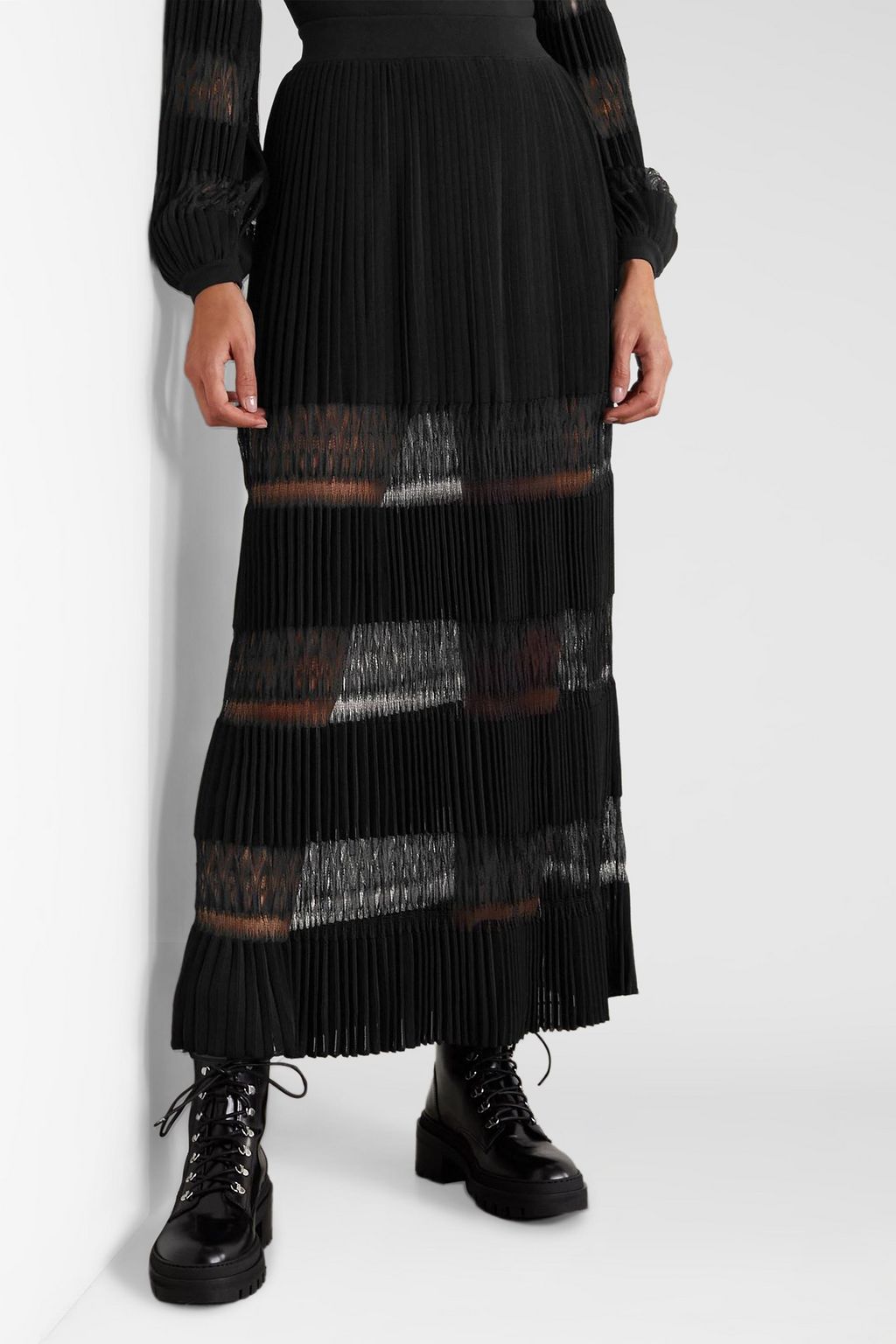 ALAÏA Pleated open-knit maxi skirt