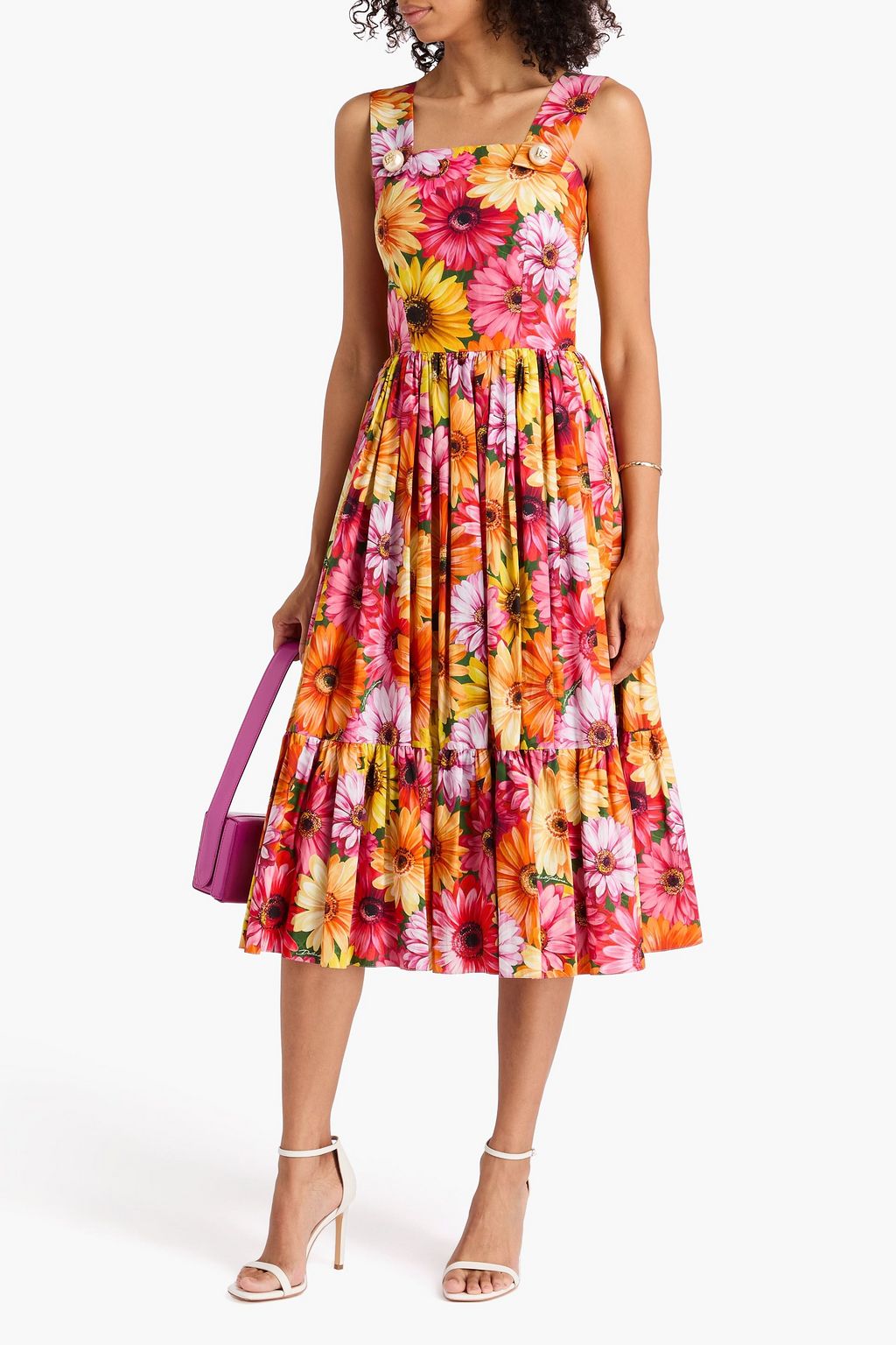 DOLCE&GABBANA فستان متوسط الطول من قطن بوبلين بطبعة الأزهار