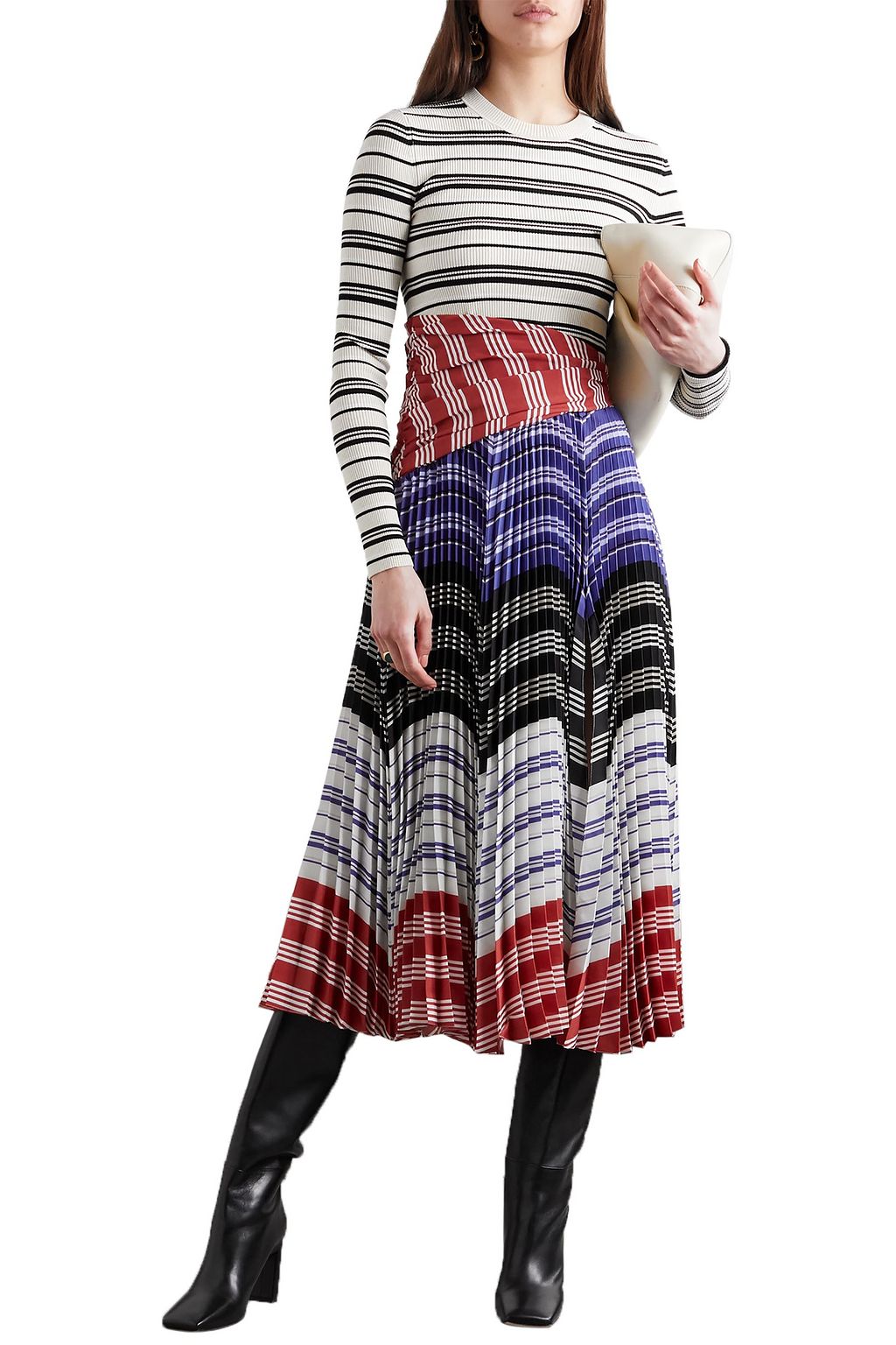 ALTUZARRA Woodbine striped ribbed-knit and pleated crepe de chine midi dress