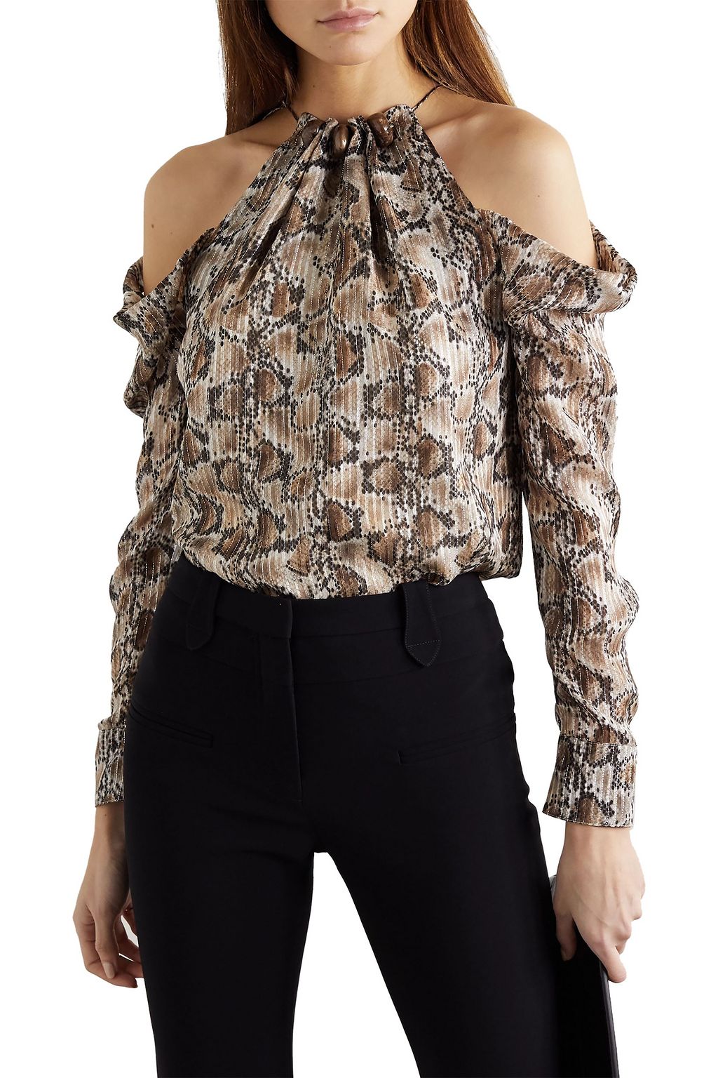 ALTUZARRA Elijah cold-shoulder metallic snake-print silk-blend top