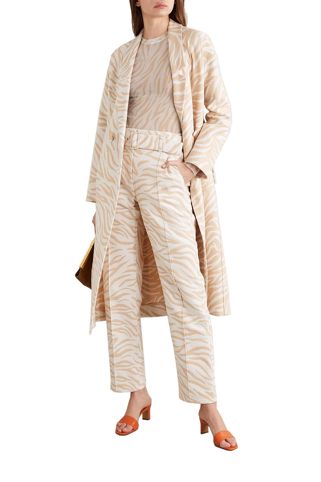 LAPOINTE Belted cotton-blend zebra-jacquard straight-leg pants