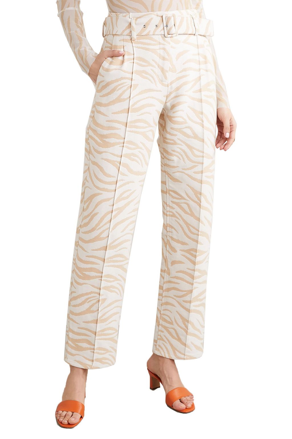 LAPOINTE Belted cotton-blend zebra-jacquard straight-leg pants