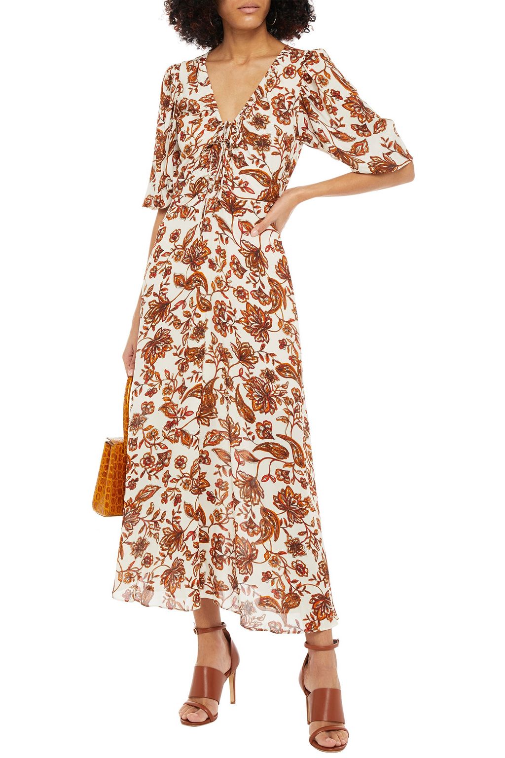 NICHOLAS Bow-detailed printed crepe maxi dress