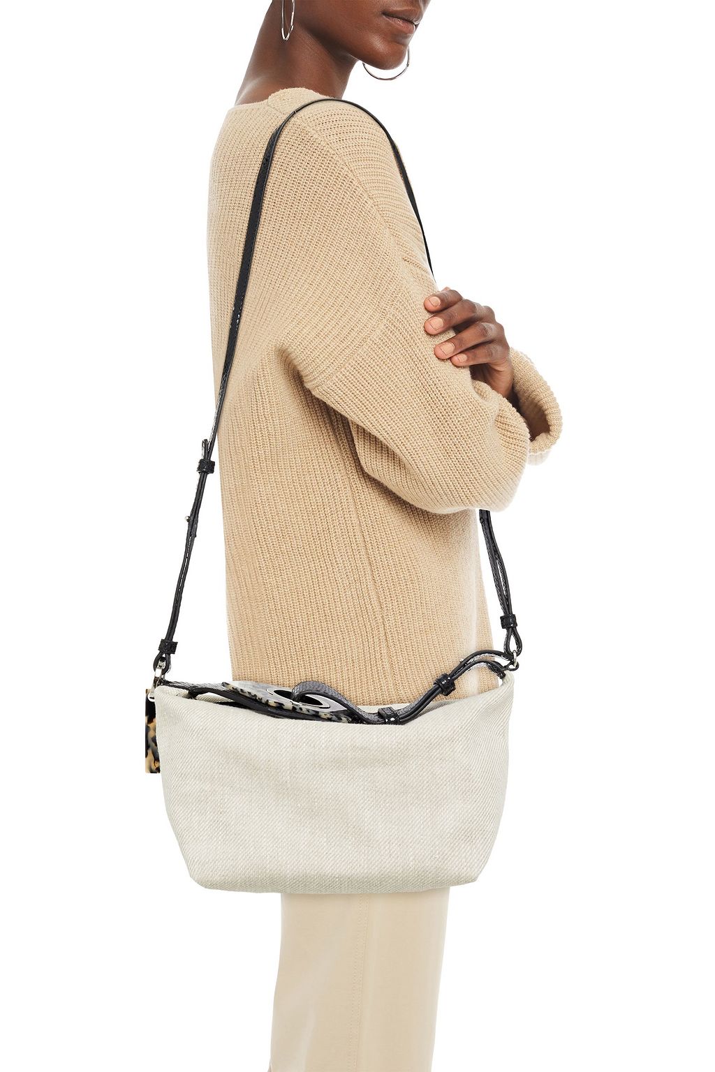 GANNI Snake-effect leather-trimmed linen shoulder bag