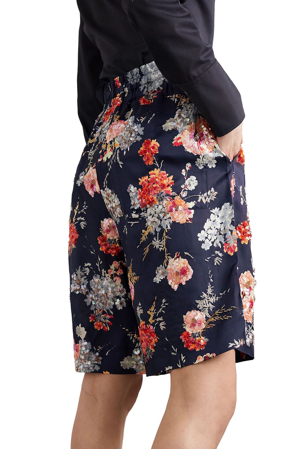 DRIES VAN NOTEN Embellished floral-print satin shorts