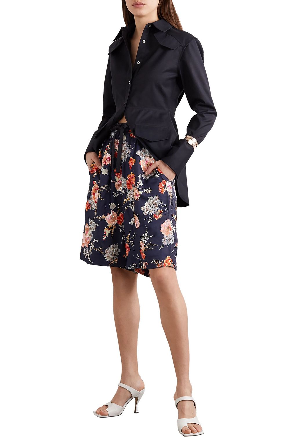 DRIES VAN NOTEN Embellished floral-print satin shorts