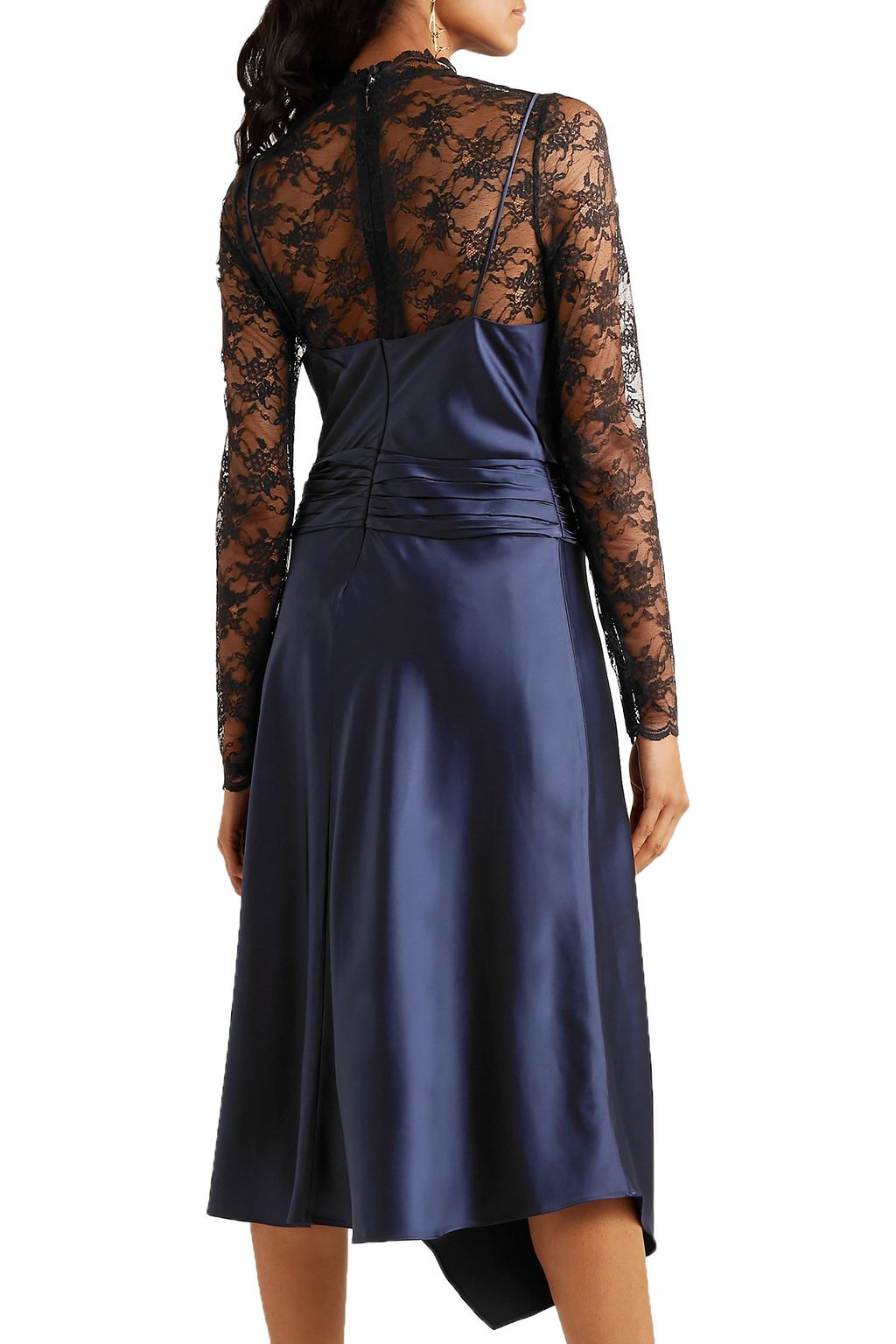 SIMKHAI Layered ruched satin and lace midi dress