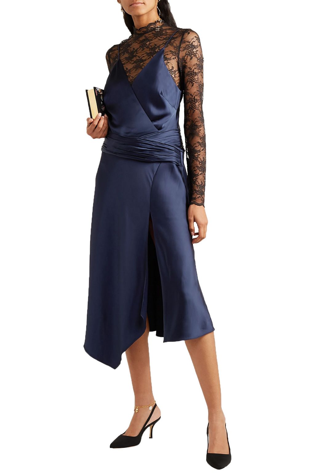 SIMKHAI Layered ruched satin and lace midi dress