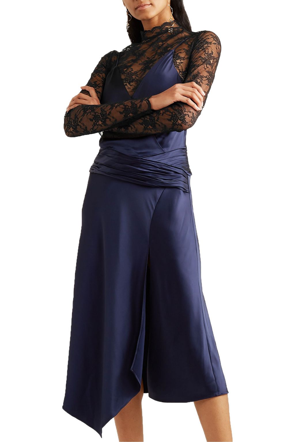 SIMKHAI Layered ruched satin and lace midi dress