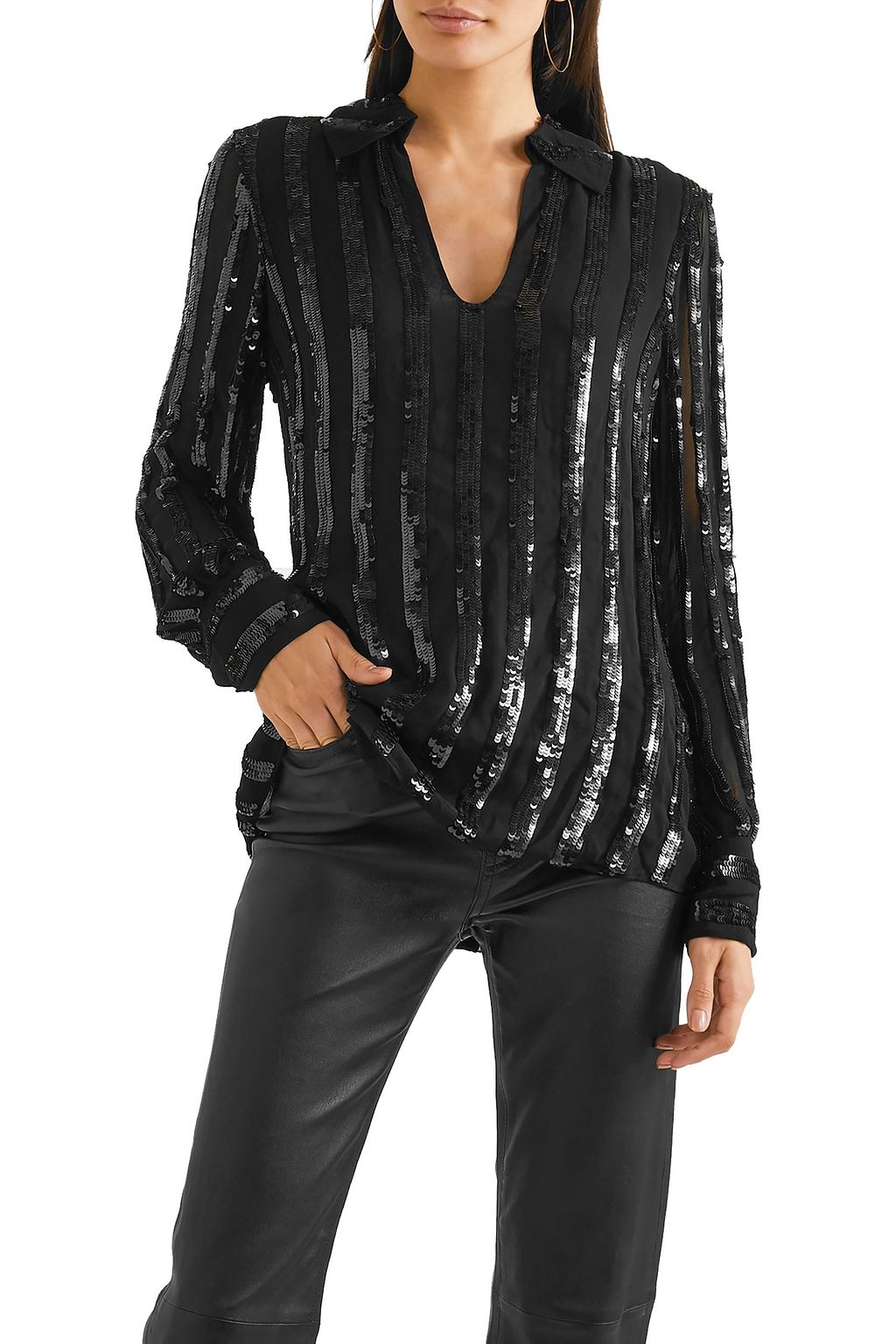 NILI LOTAN Anette striped sequined chiffon blouse