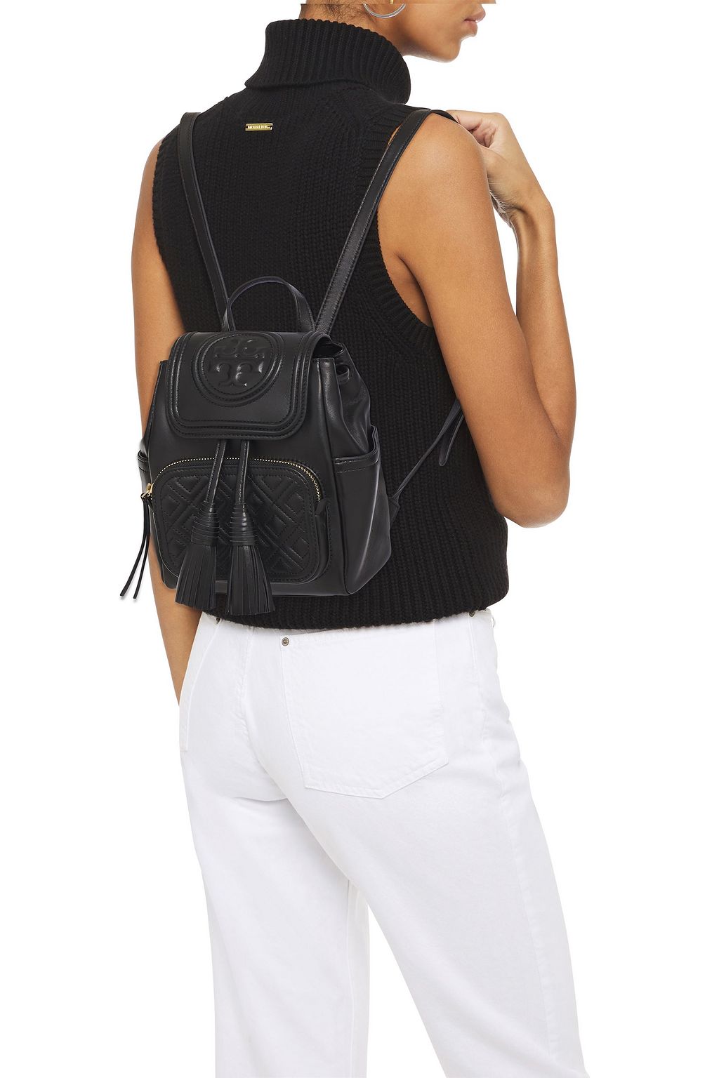 TORY BURCH Tassel-trimmed embossed quilted textured-leather backpack