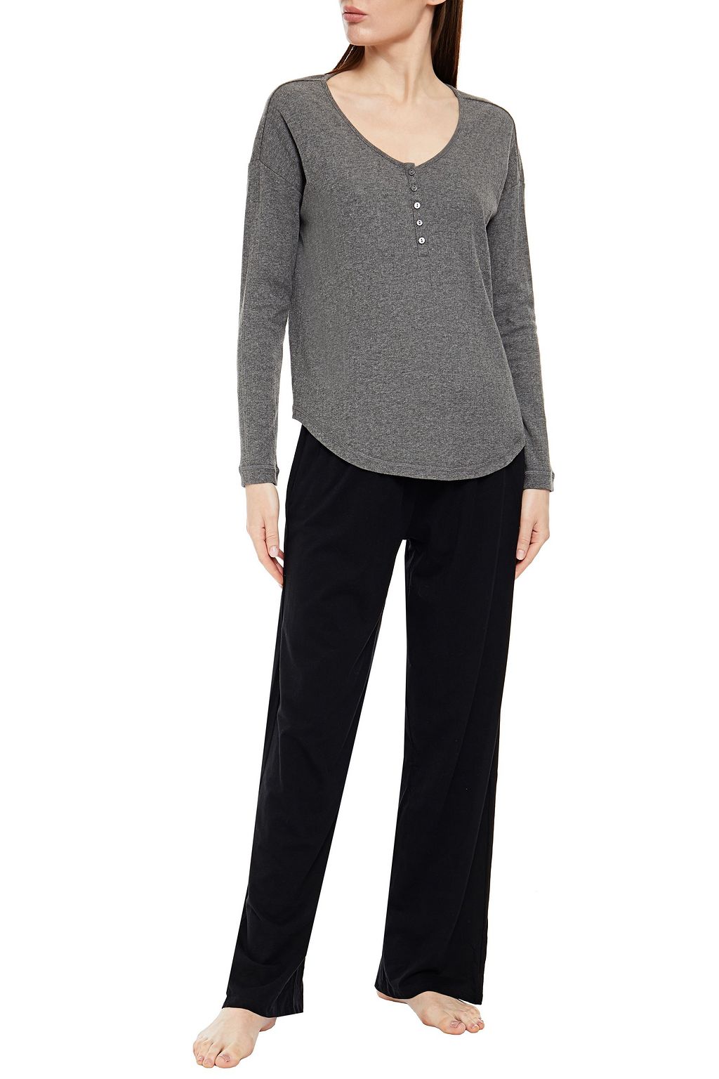 NATURAL SKIN Mélange ribbed organic cotton-blend jersey pajama top