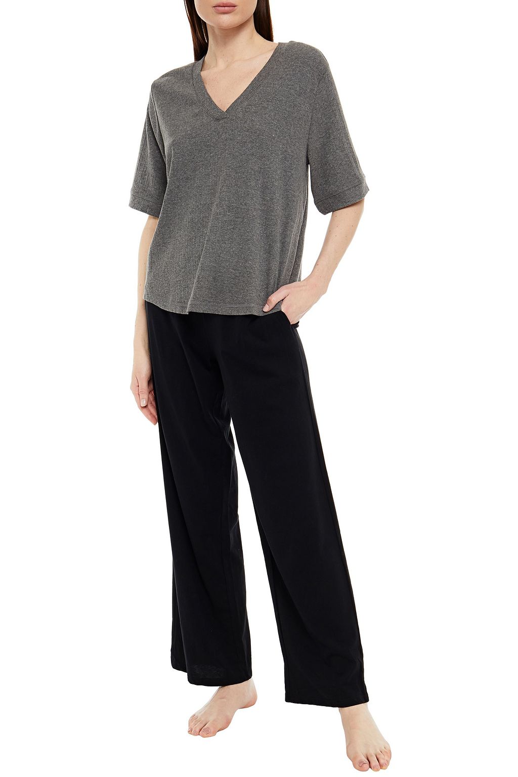 NATURAL SKIN Mélange ribbed organic cotton-blend jersey pajama top