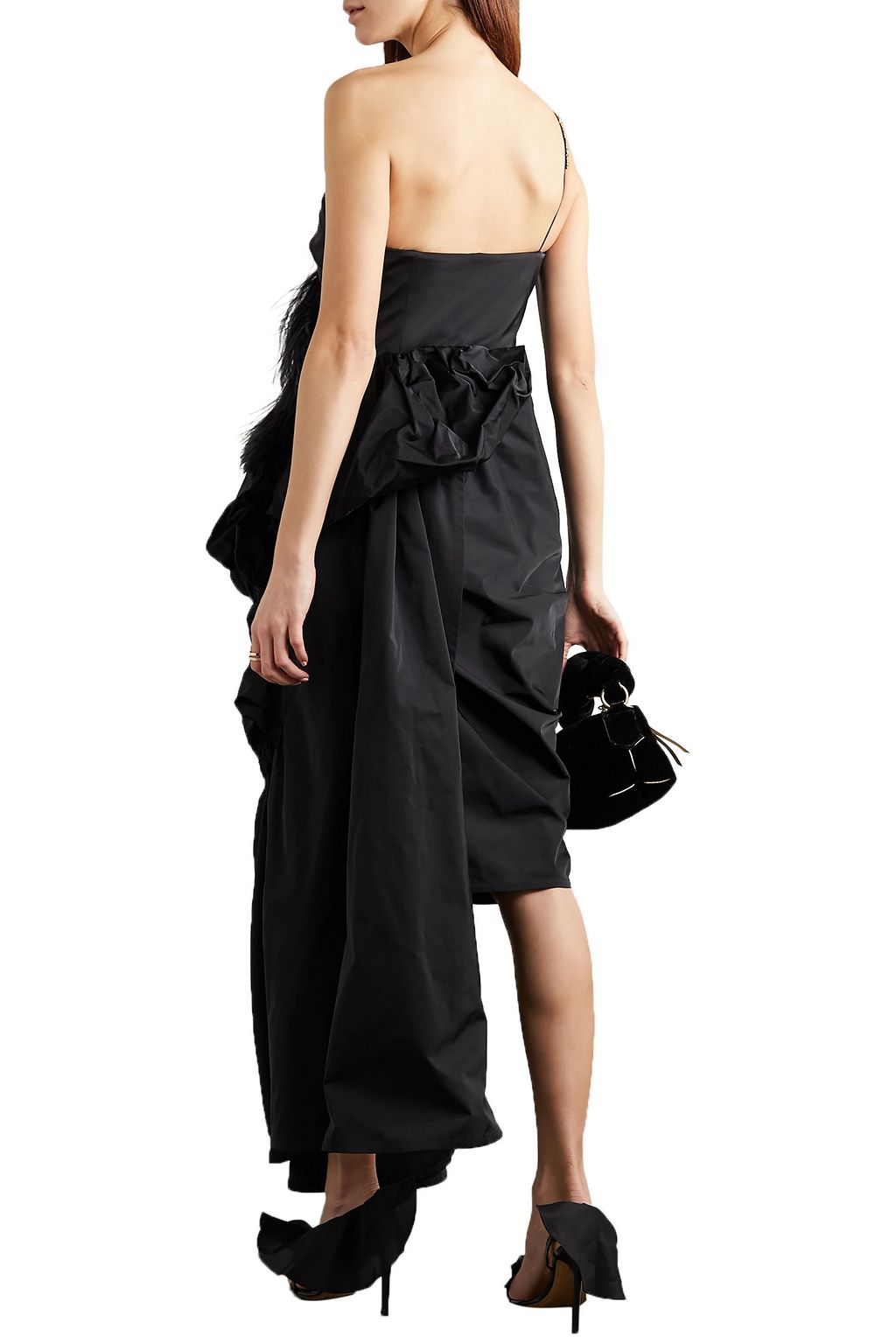 DRIES VAN NOTEN Asymmetric feather-trimmed crystal-embellished taffeta gown