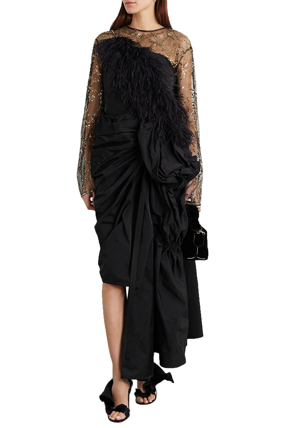 DRIES VAN NOTEN ASYMMETRIC FEATHER-TRIMMED CRYSTAL-EMBELLISHED TAFFETA GOWN