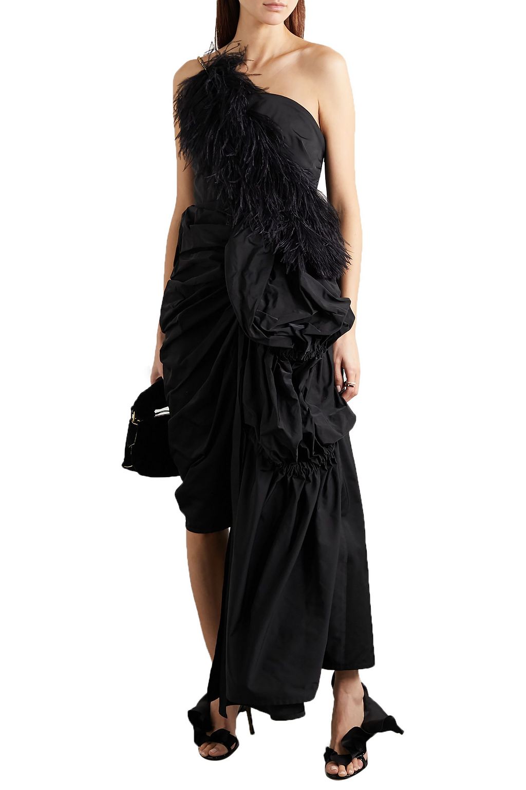 DRIES VAN NOTEN Asymmetric feather-trimmed crystal-embellished taffeta gown