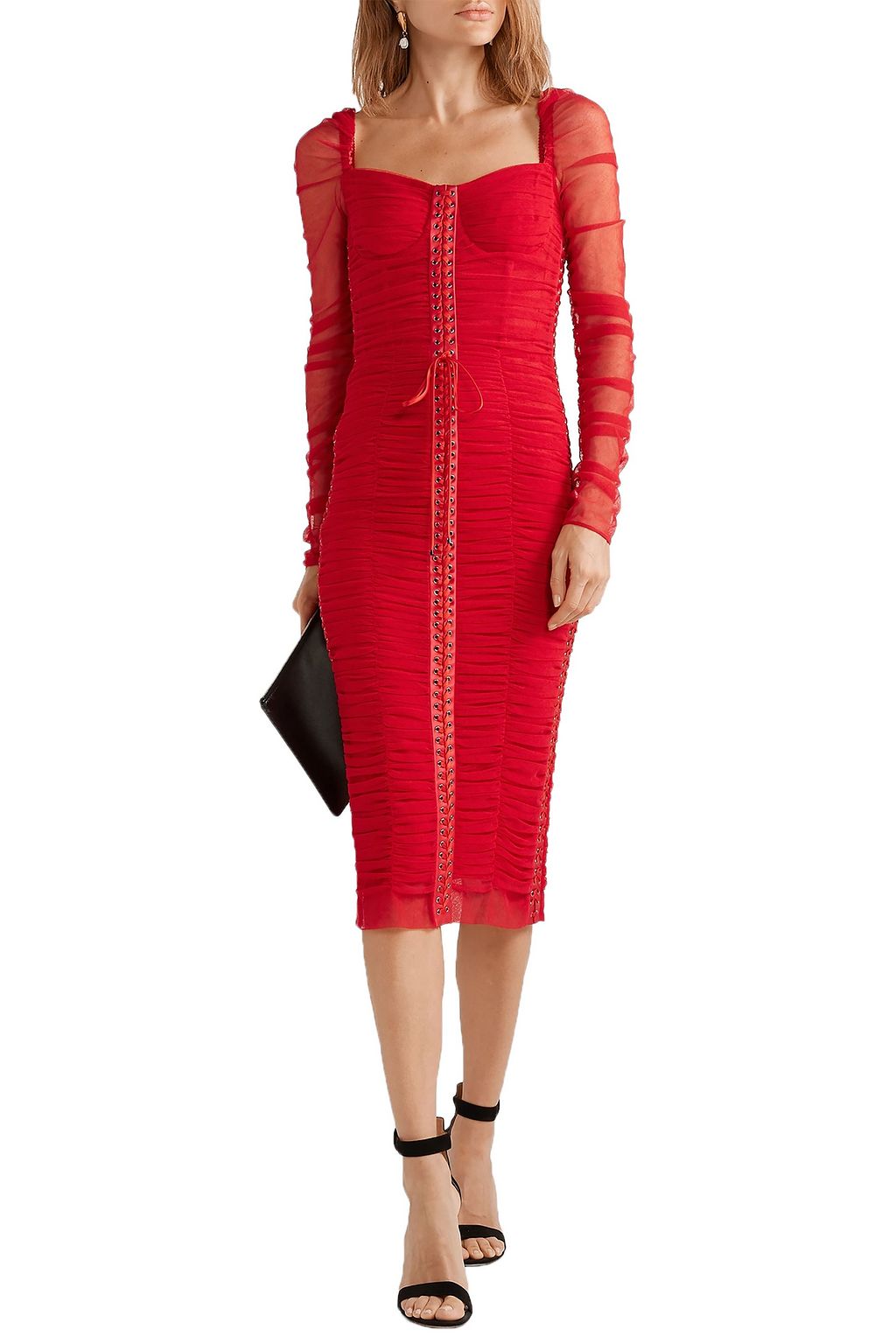 DOLCE&GABBANA Lace-up ruched tulle midi dress