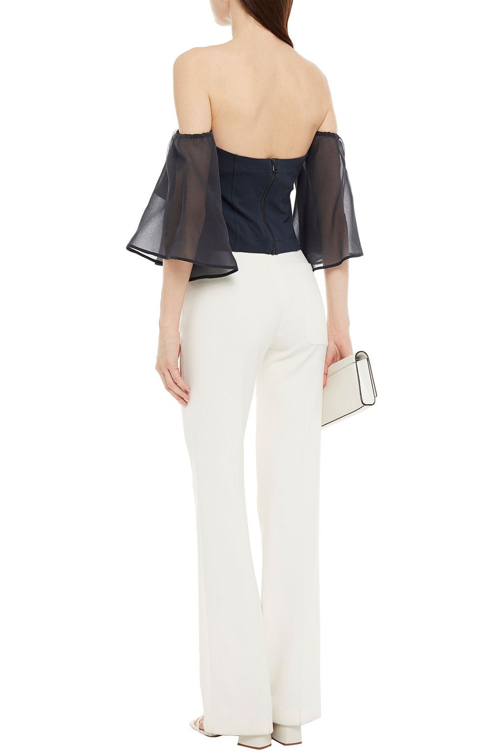 BRUNELLO CUCINELLI Off-the-shoulder paneled ruffled cotton-blend jersey and organza top