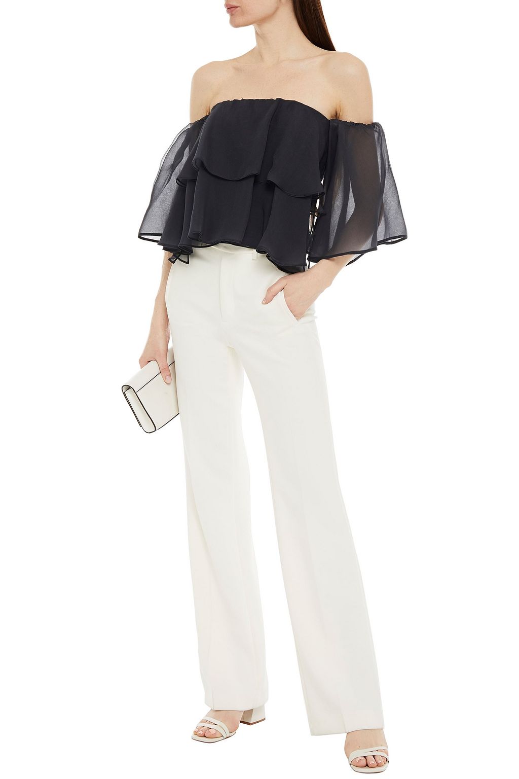 BRUNELLO CUCINELLI Off-the-shoulder paneled ruffled cotton-blend jersey and organza top
