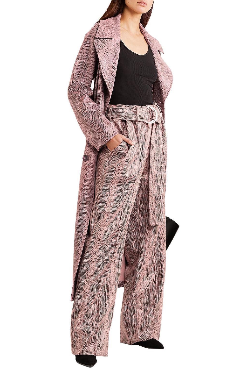 STAND STUDIO Alaina belted snake-effect coated vegan leather wide-leg pants