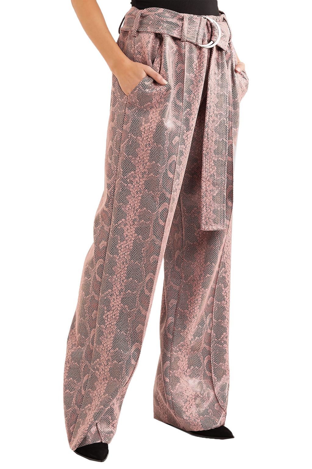 STAND STUDIO Alaina belted snake-effect coated vegan leather wide-leg pants
