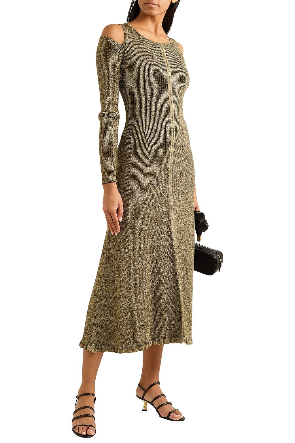 SALONI + Venyx cold-shoulder metallic ribbed-knit midi dress