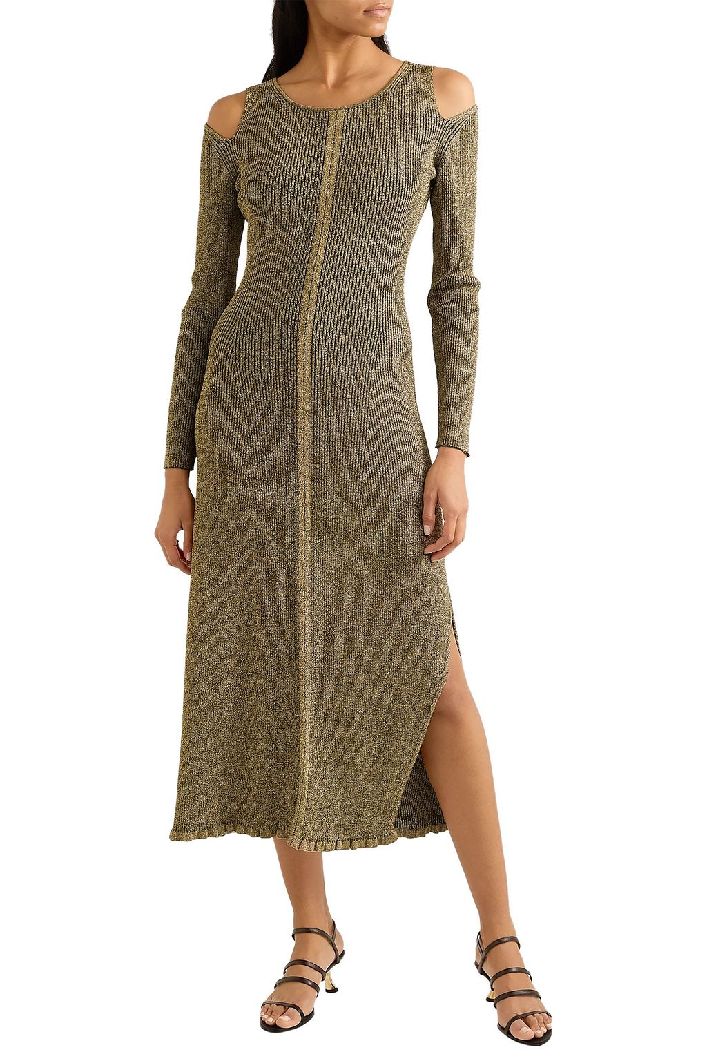 SALONI + Venyx cold-shoulder metallic ribbed-knit midi dress