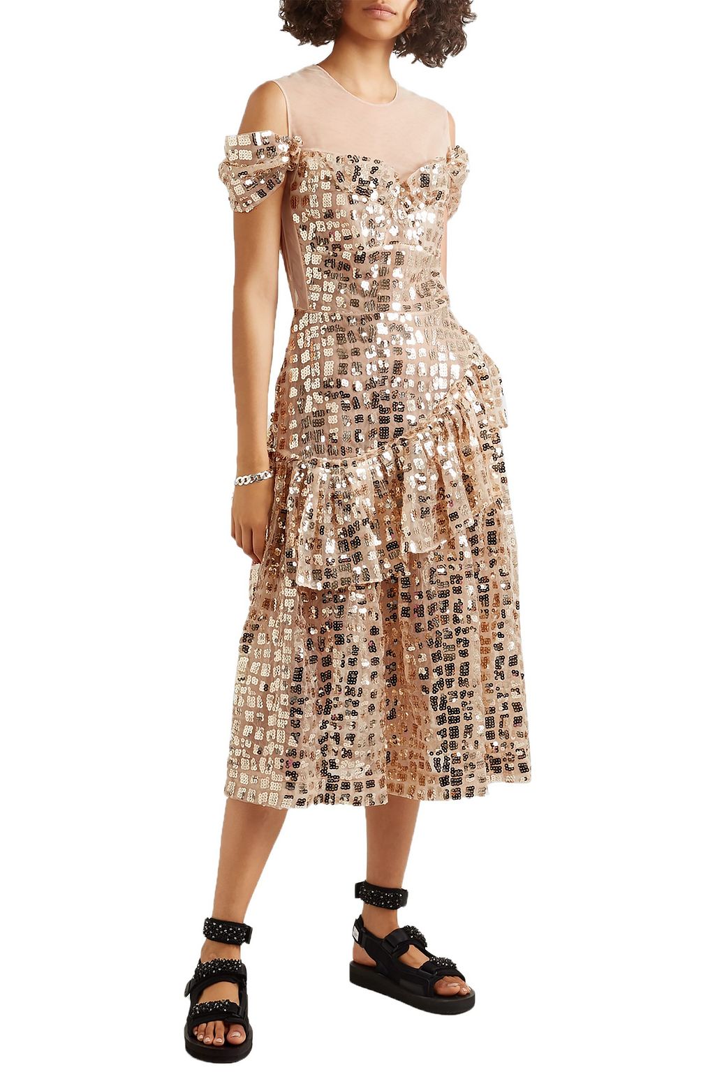 SIMONE ROCHA Cold-shoulder sequined tulle midi dress