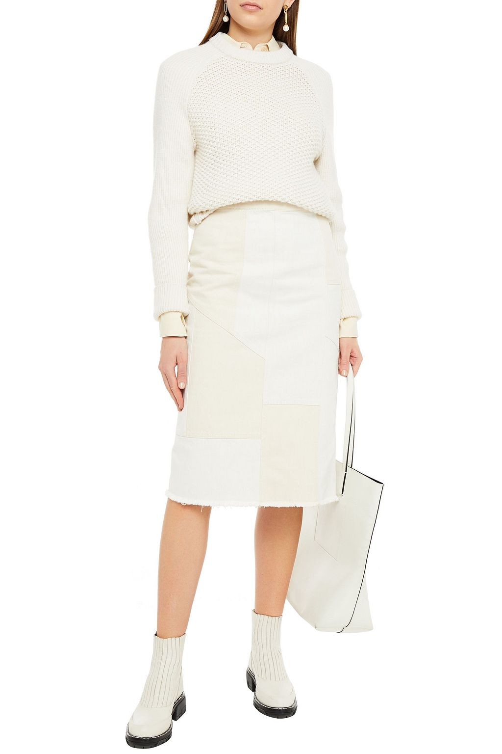 MCQUEEN Frayed paneled denim skirt