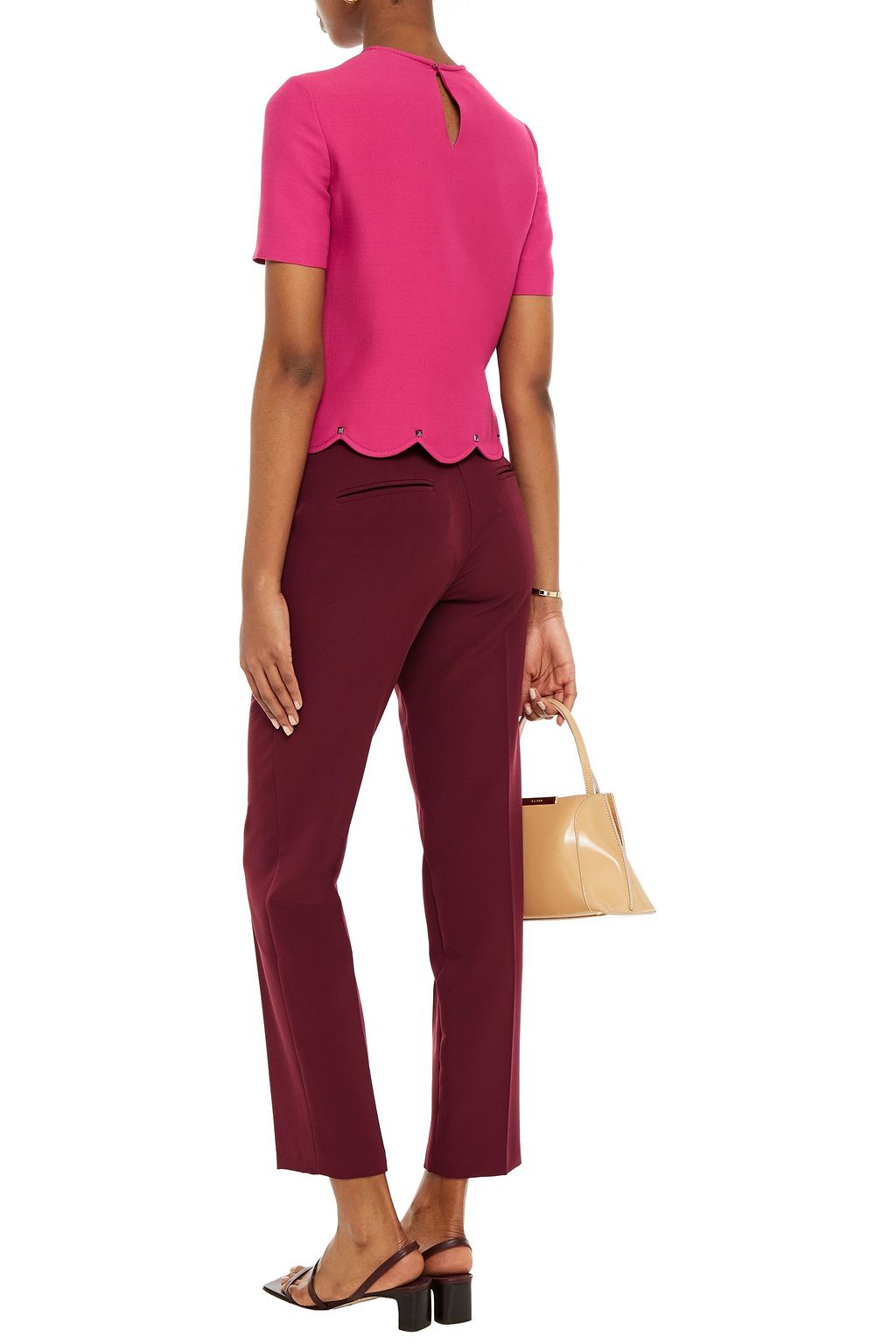 VALENTINO GARAVANI Scalloped studded wool and silk-blend crepe top