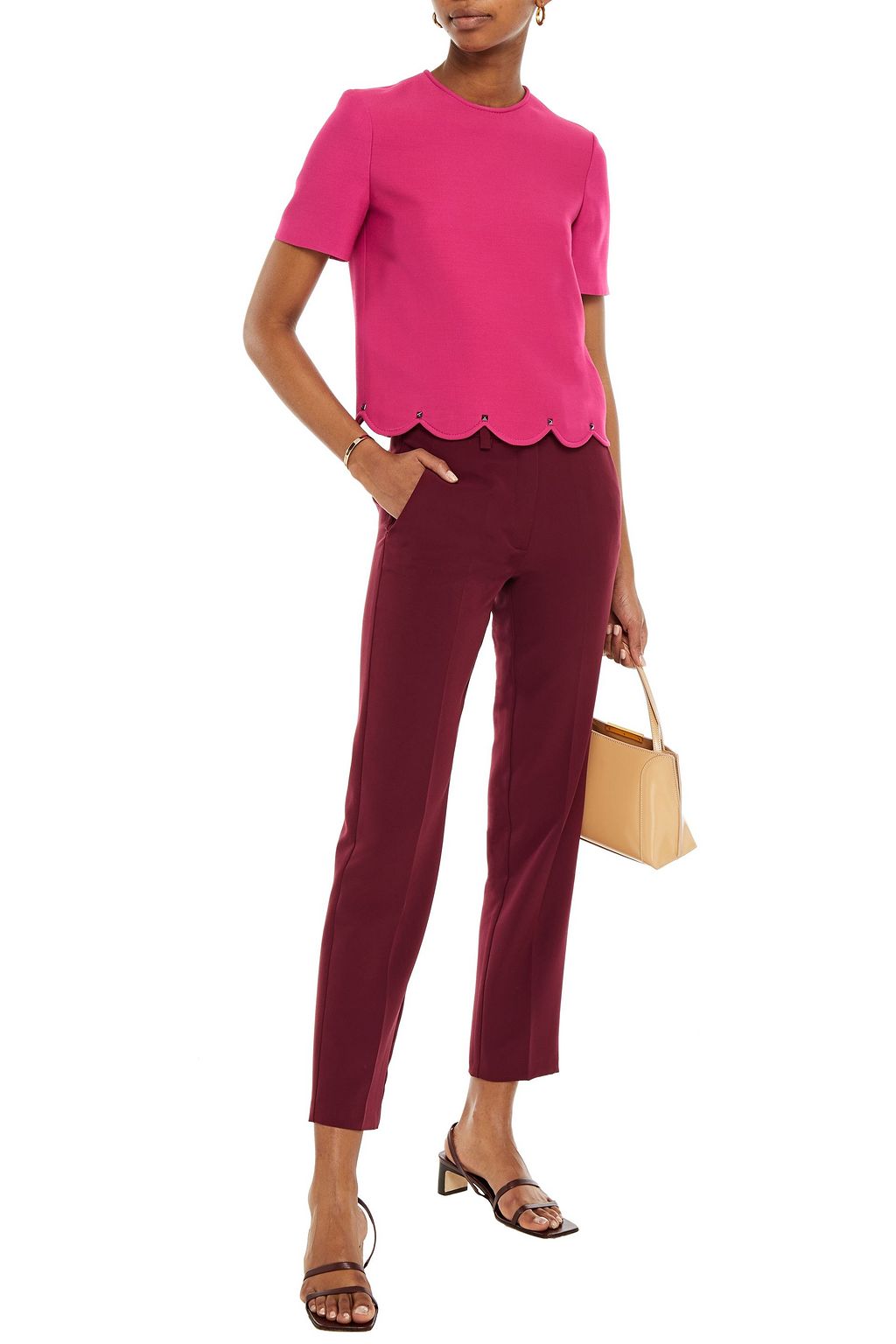 VALENTINO GARAVANI Scalloped studded wool and silk-blend crepe top