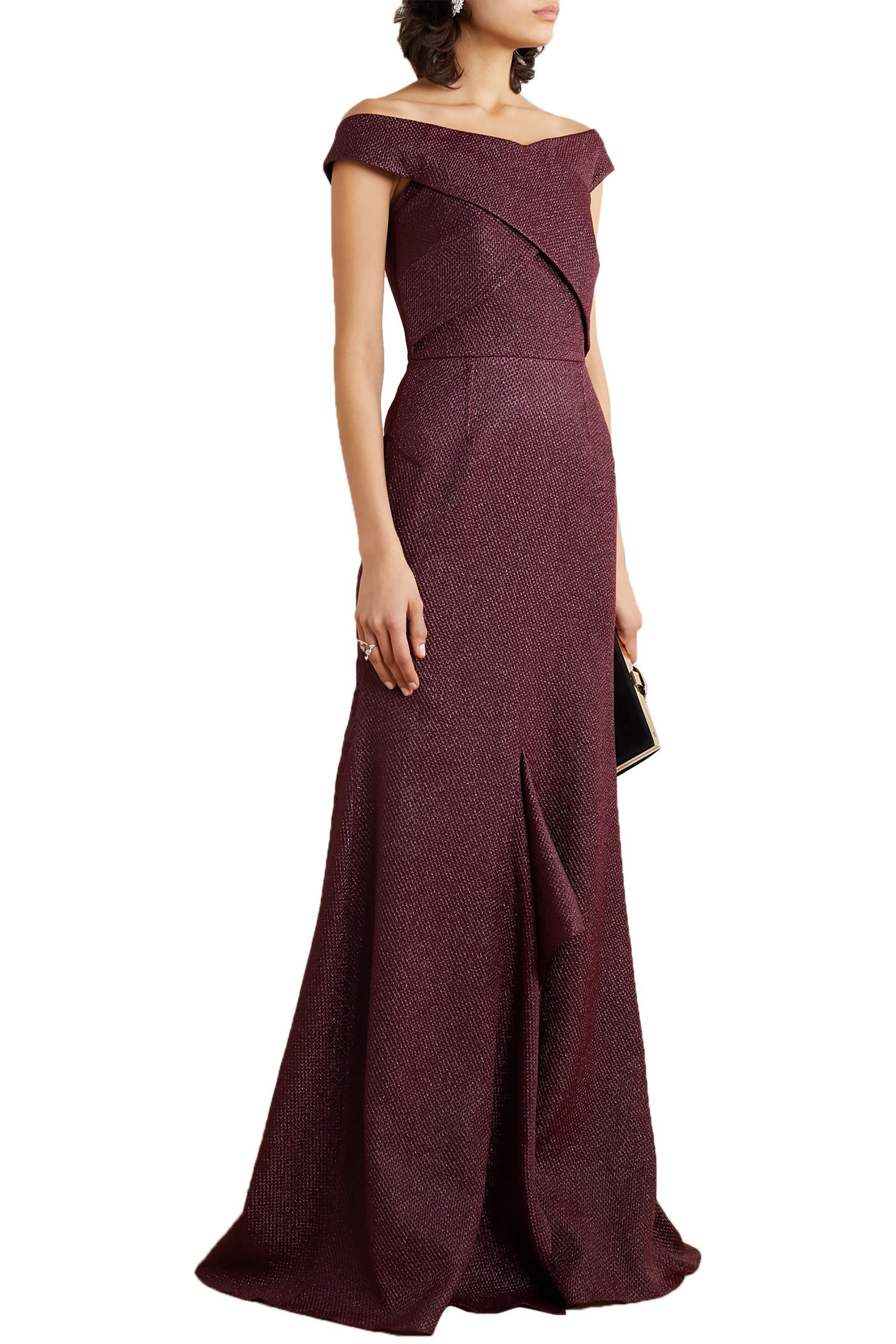 Roland Mouret Ray off-the-shoulder metallic piqué gown