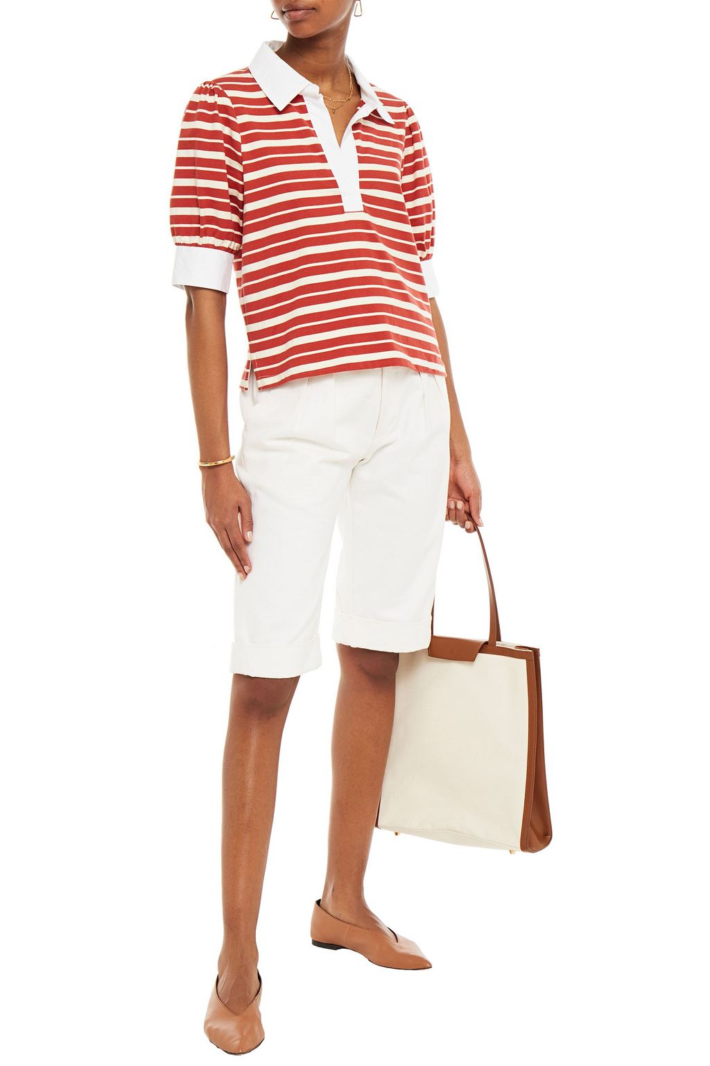 VERONICA BEARD McKinley poplin-trimmed striped cotton-jersey polo shirt