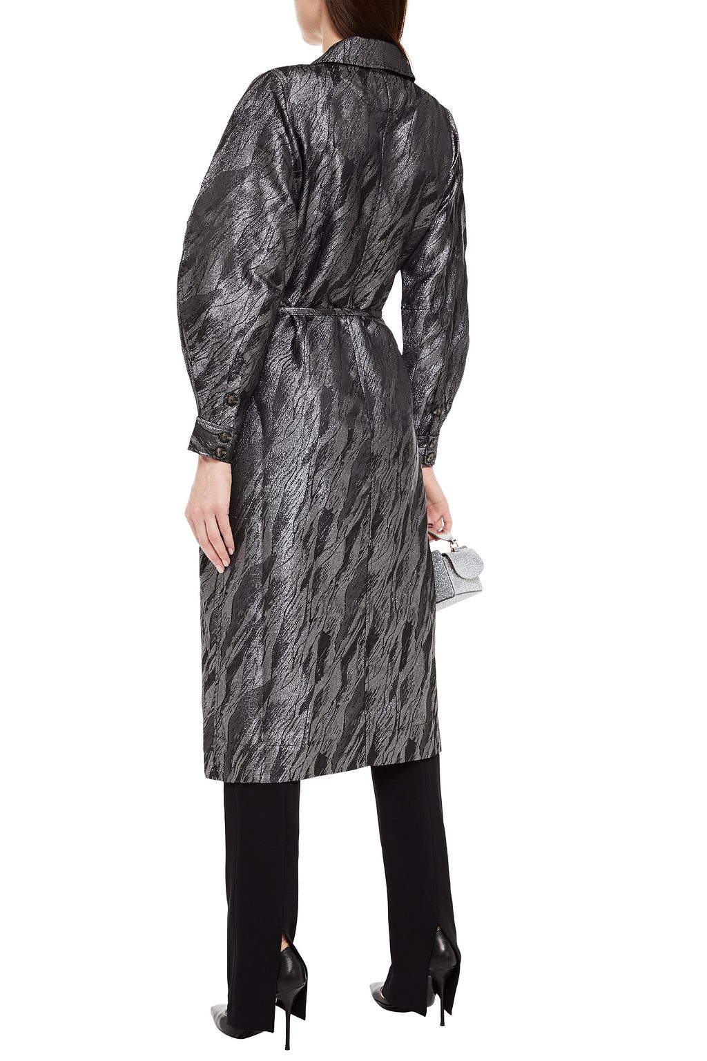 GANNI Belted metallic jacquard coat