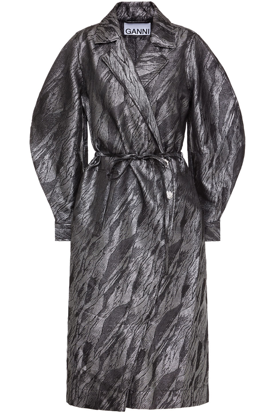 Ganni Woman Belted Metallic Jacquard Coat Black Size 34