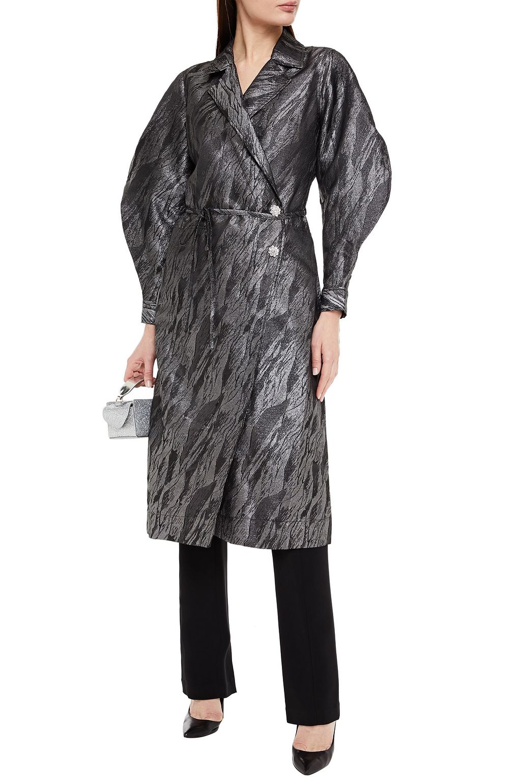 GANNI Belted metallic jacquard coat