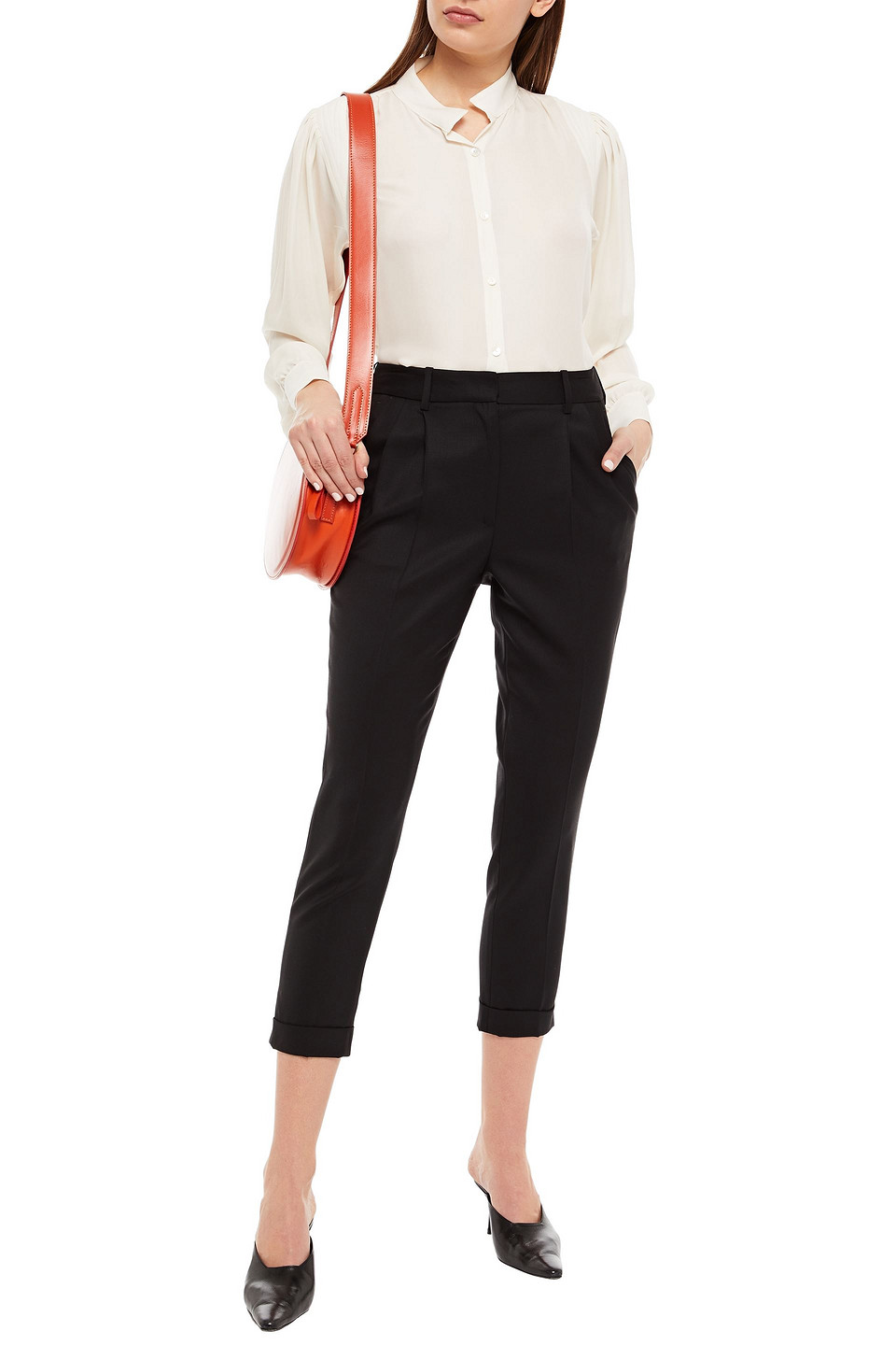 Nili Lotan Cropped Pleated Wool-blend Twill Tapered Trousers In Black