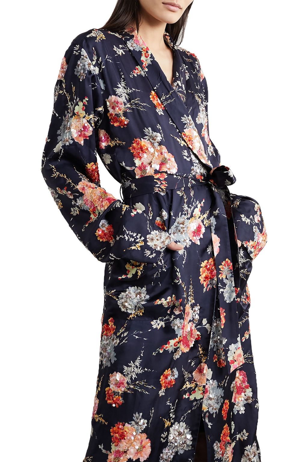 DRIES VAN NOTEN Belted embellished floral-print satin robe