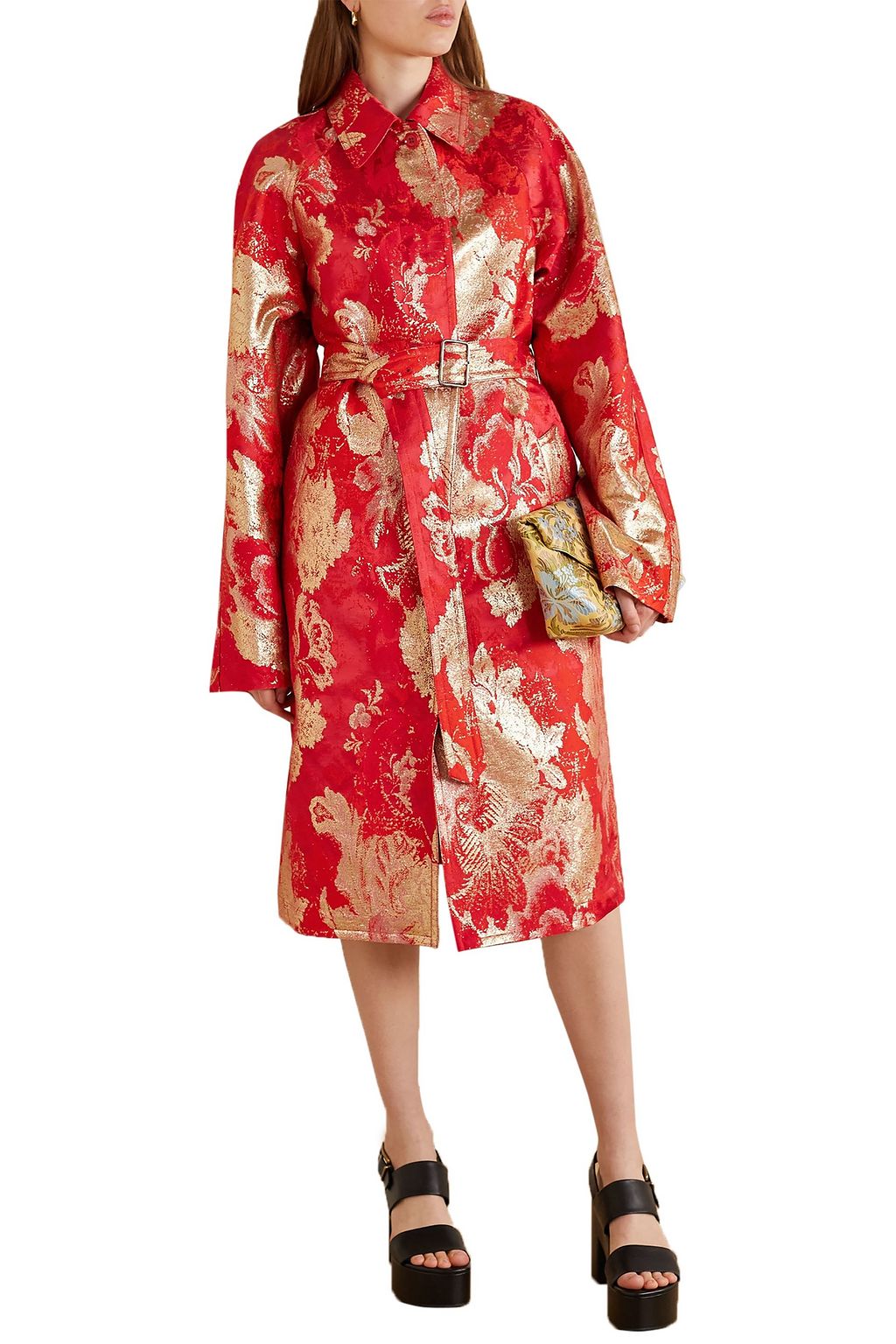 DRIES VAN NOTEN Belted metallic brocade coat