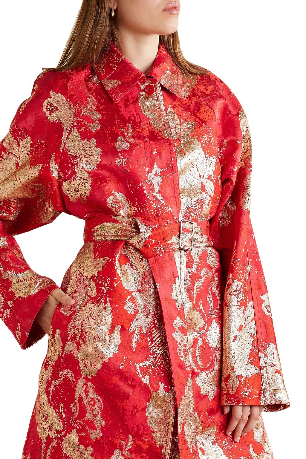 DRIES VAN NOTEN Belted metallic brocade coat