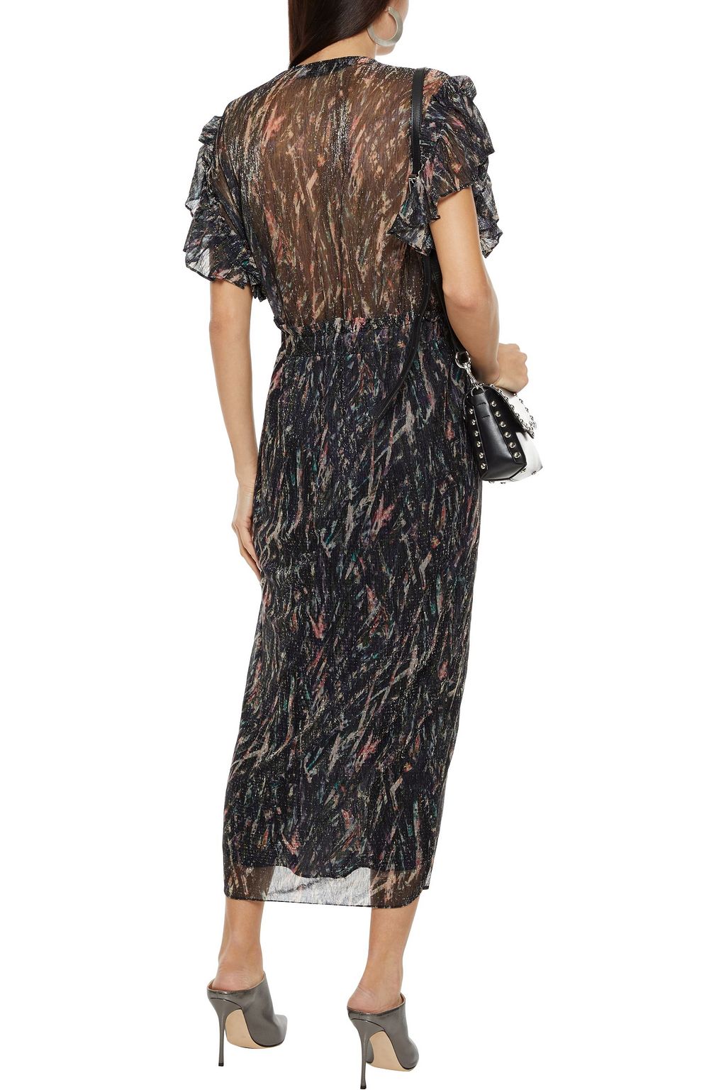 IRO Gargas wrap-effect ruffled printed Lurex midi dress