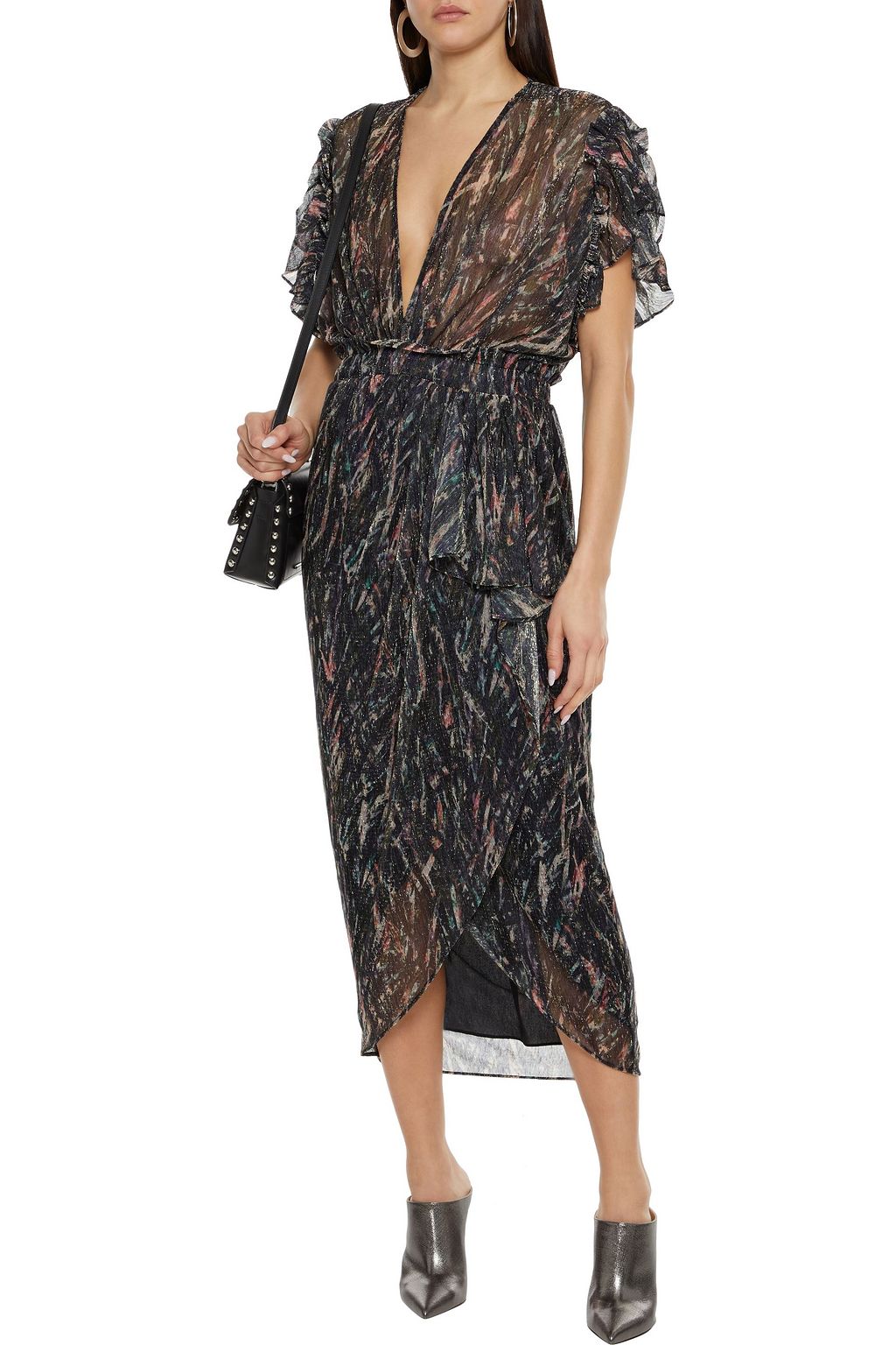 IRO Gargas wrap-effect ruffled printed Lurex midi dress