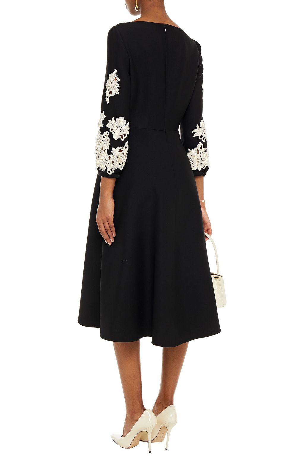 VALENTINO GARAVANI Embellished lace-trimmed wool and silk-blend crepe midi dress