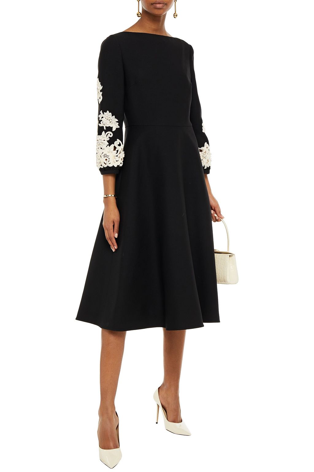 VALENTINO GARAVANI Embellished lace-trimmed wool and silk-blend crepe midi dress