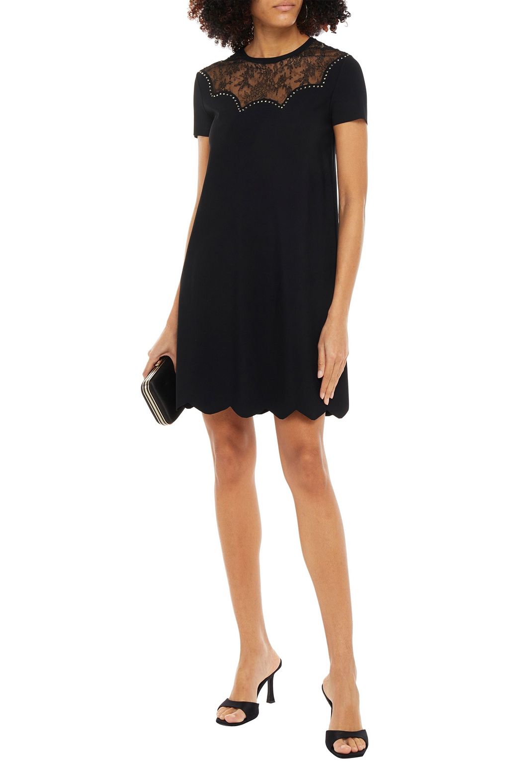 VALENTINO GARAVANI Lace-paneled studded ponte mini dress